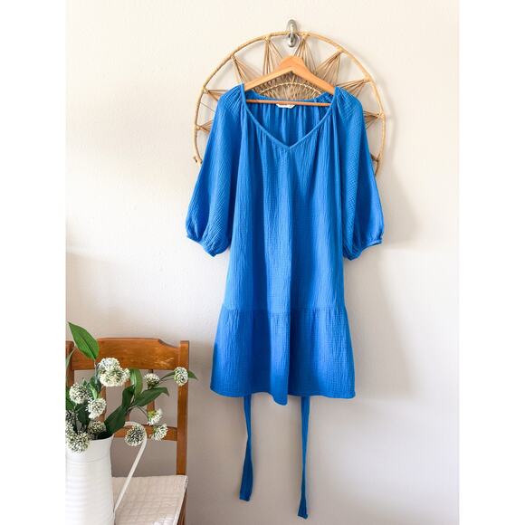 Sonoma Blue Gauze Muslin Flowy Dress/Tunic w/ Waist Belt Tie Pockets Sz LARGE - Picture 1 of 11
